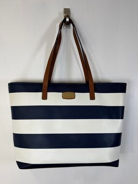 Michael Kors Jet Set Large Tote Bag Navy Blue White Stripe Saffiano Leather Gold